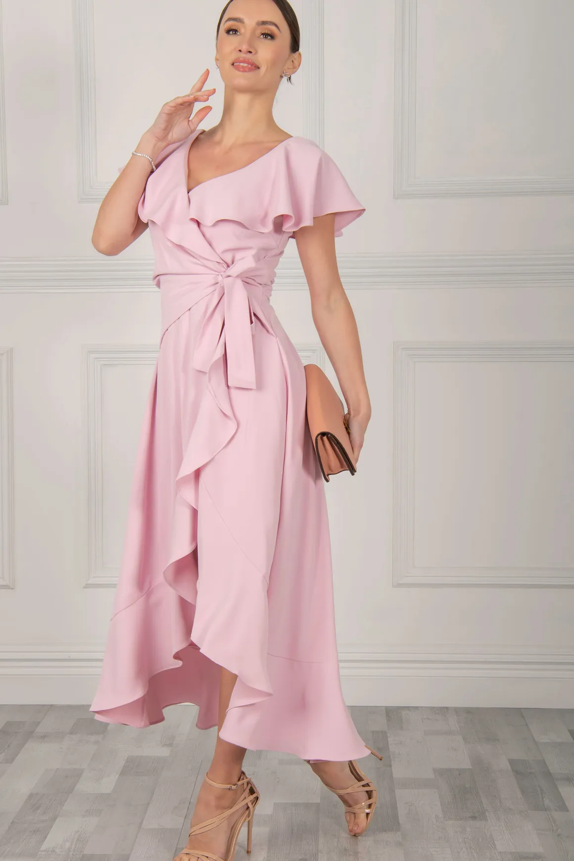 Vella Frill Wrap Maxi Dress, Baby Pink