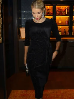 Velvet Glitter Bodycon Midi Dress Black