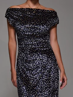 Velvet Print Ruched Bodycon Dress, Black Polka