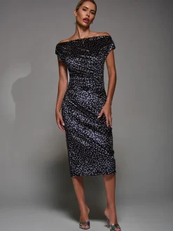Velvet Print Ruched Bodycon Dress, Black Polka