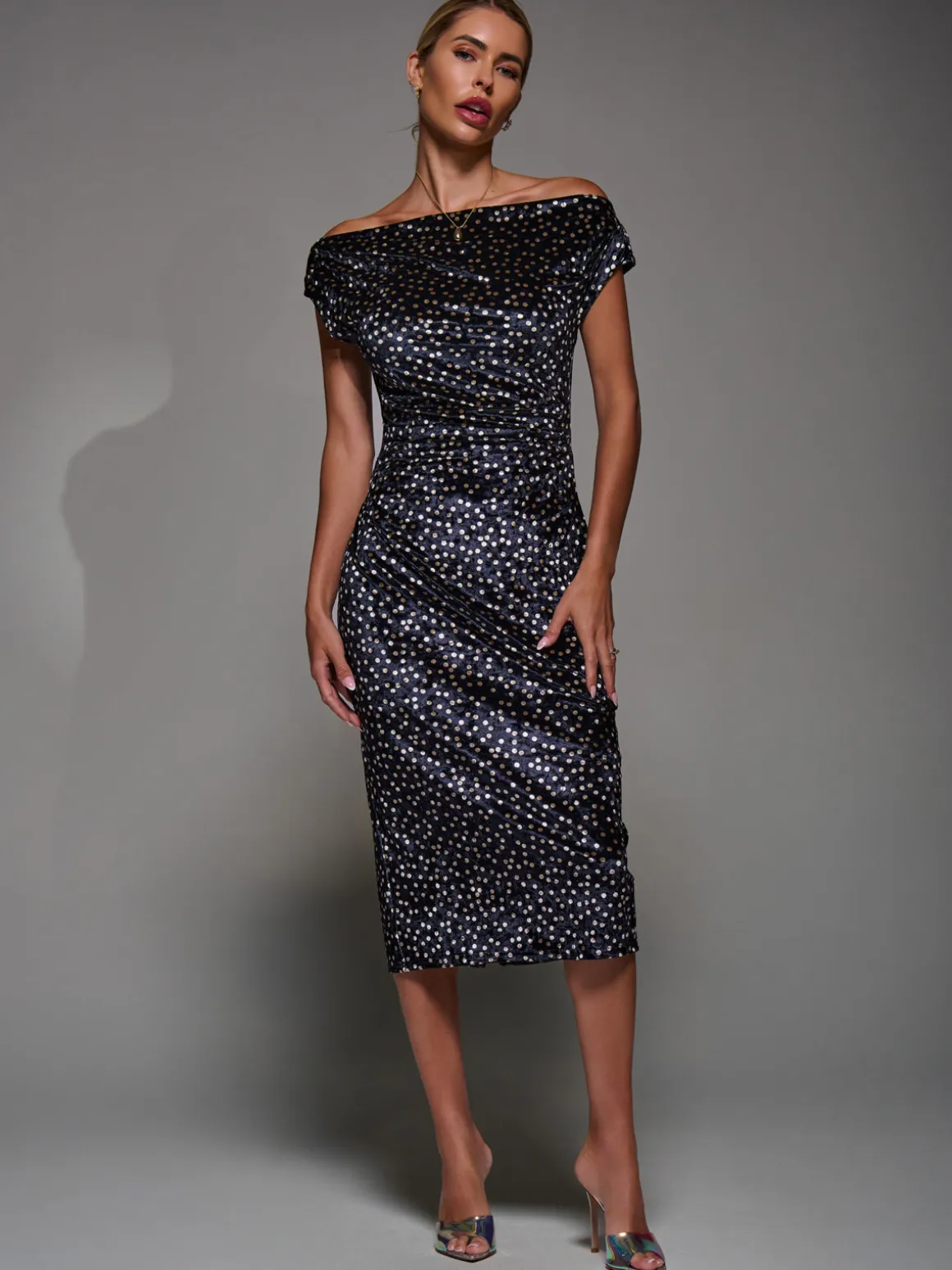 Velvet Print Ruched Bodycon Dress, Black Polka