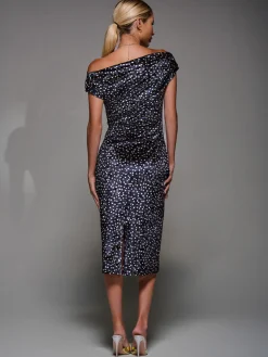 Velvet Print Ruched Bodycon Dress, Black Polka