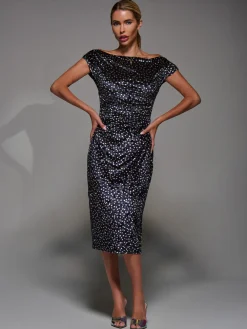 Velvet Print Ruched Bodycon Dress, Black Polka