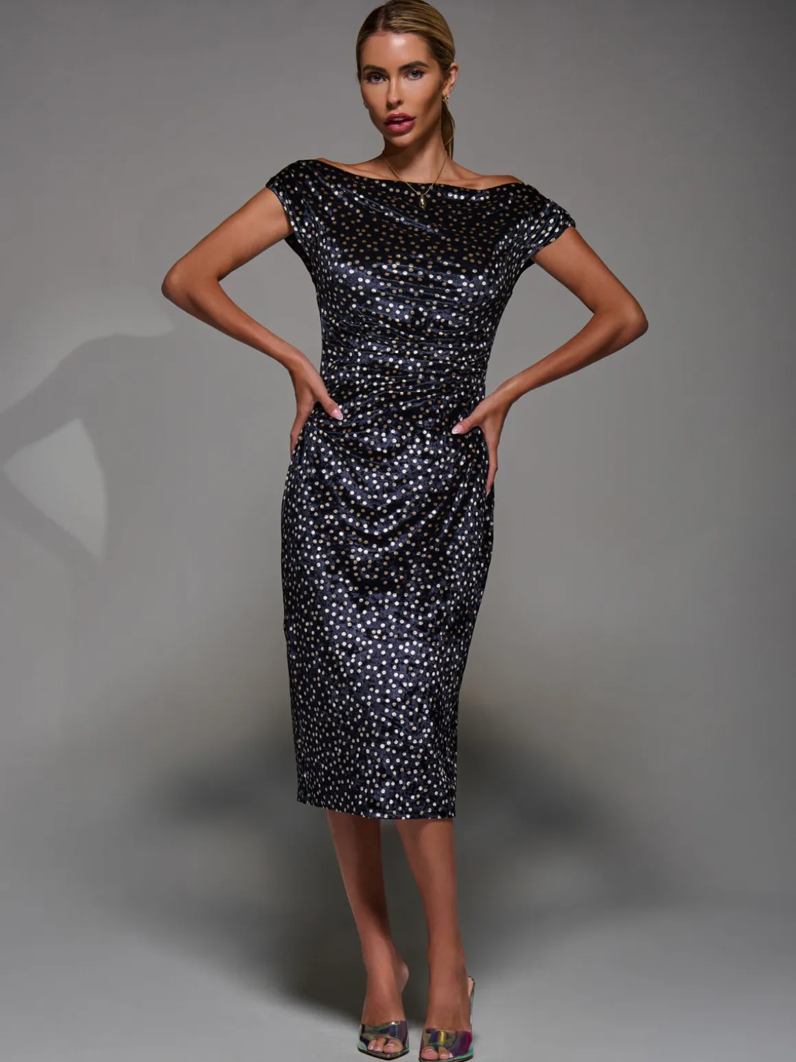 Velvet Print Ruched Bodycon Dress, Black Polka