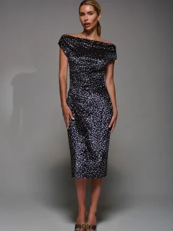 Velvet Print Ruched Bodycon Dress, Black Polka