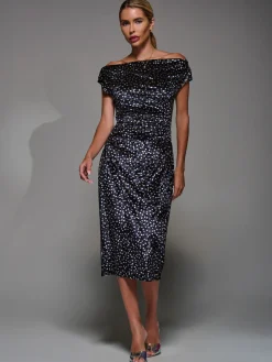 Velvet Print Ruched Bodycon Dress, Black Polka