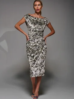 Velvet Print Ruched Bodycon Dress, Neutral Abstract