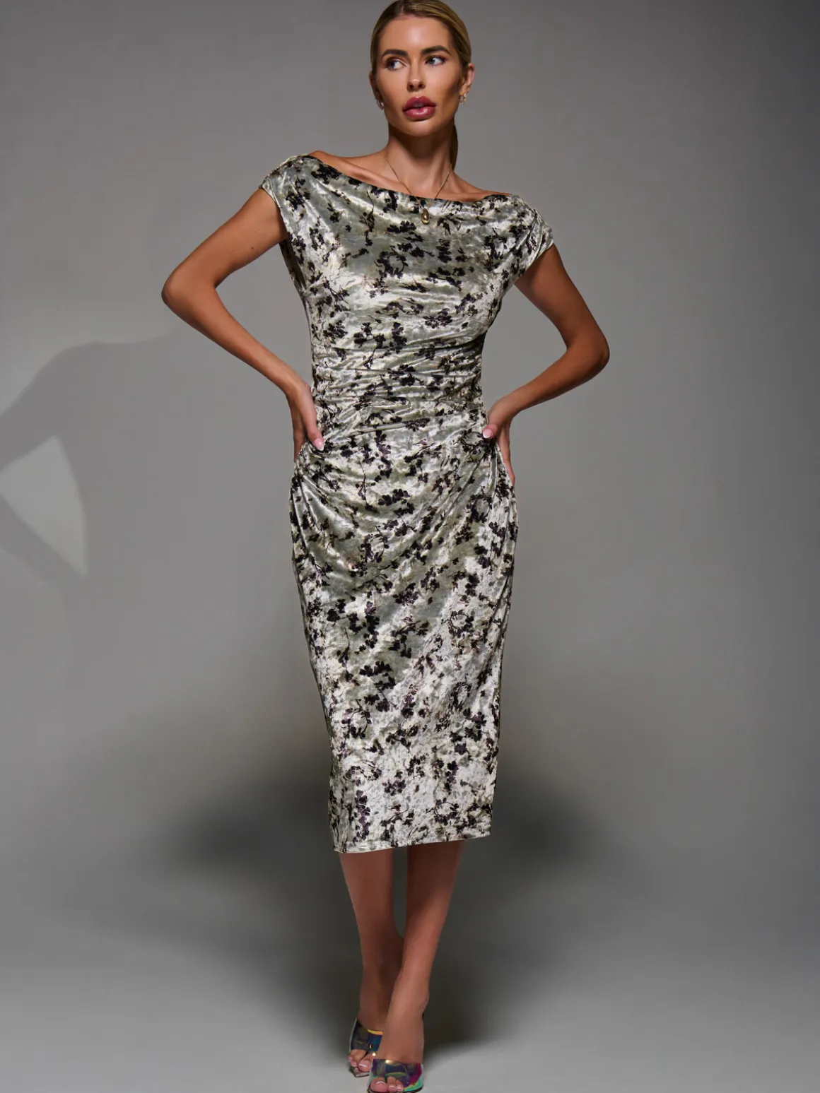 Velvet Print Ruched Bodycon Dress, Neutral Abstract
