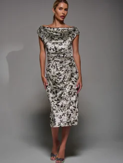 Velvet Print Ruched Bodycon Dress, Neutral Abstract
