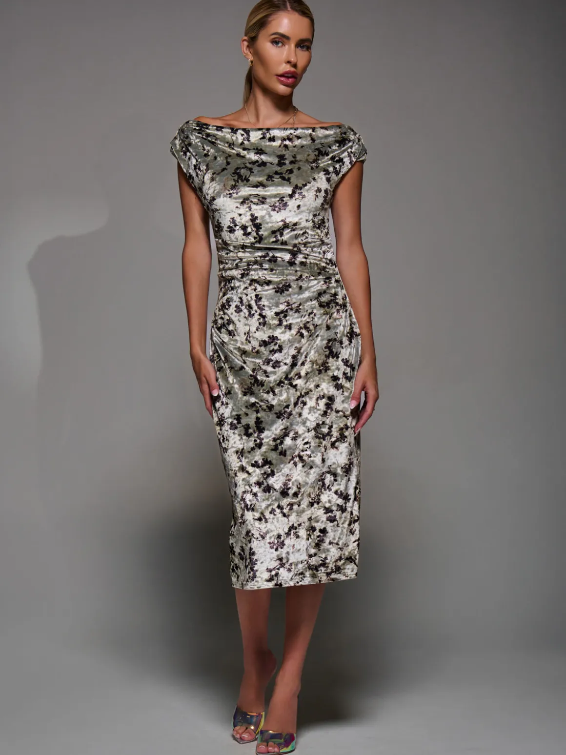 Velvet Print Ruched Bodycon Dress, Neutral Abstract