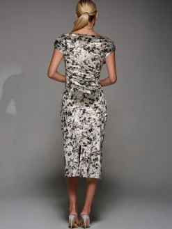 Velvet Print Ruched Bodycon Dress, Neutral Abstract