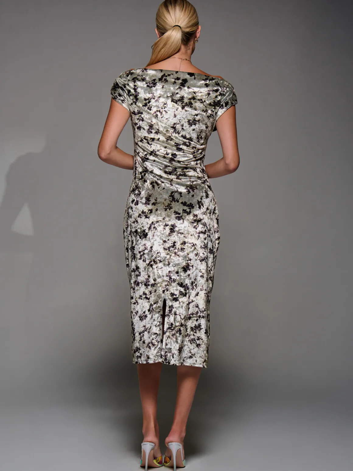 Velvet Print Ruched Bodycon Dress, Neutral Abstract