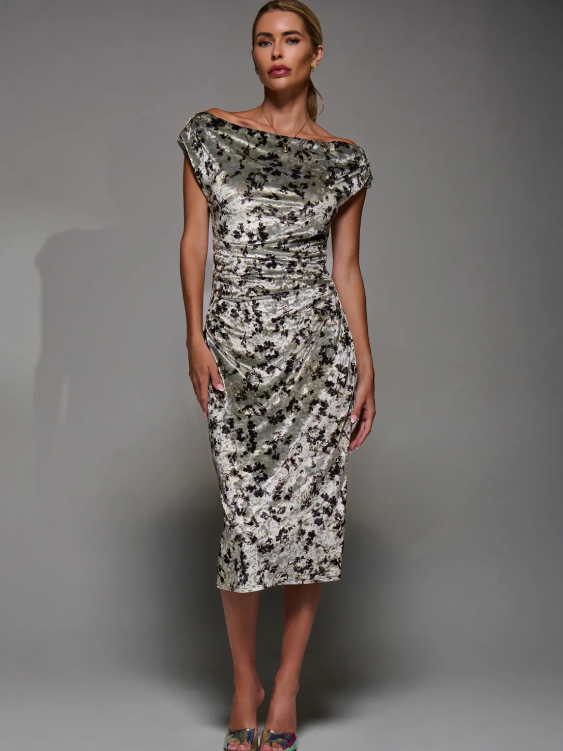Velvet Print Ruched Bodycon Dress, Neutral Abstract