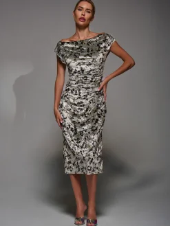 Velvet Print Ruched Bodycon Dress, Neutral Abstract