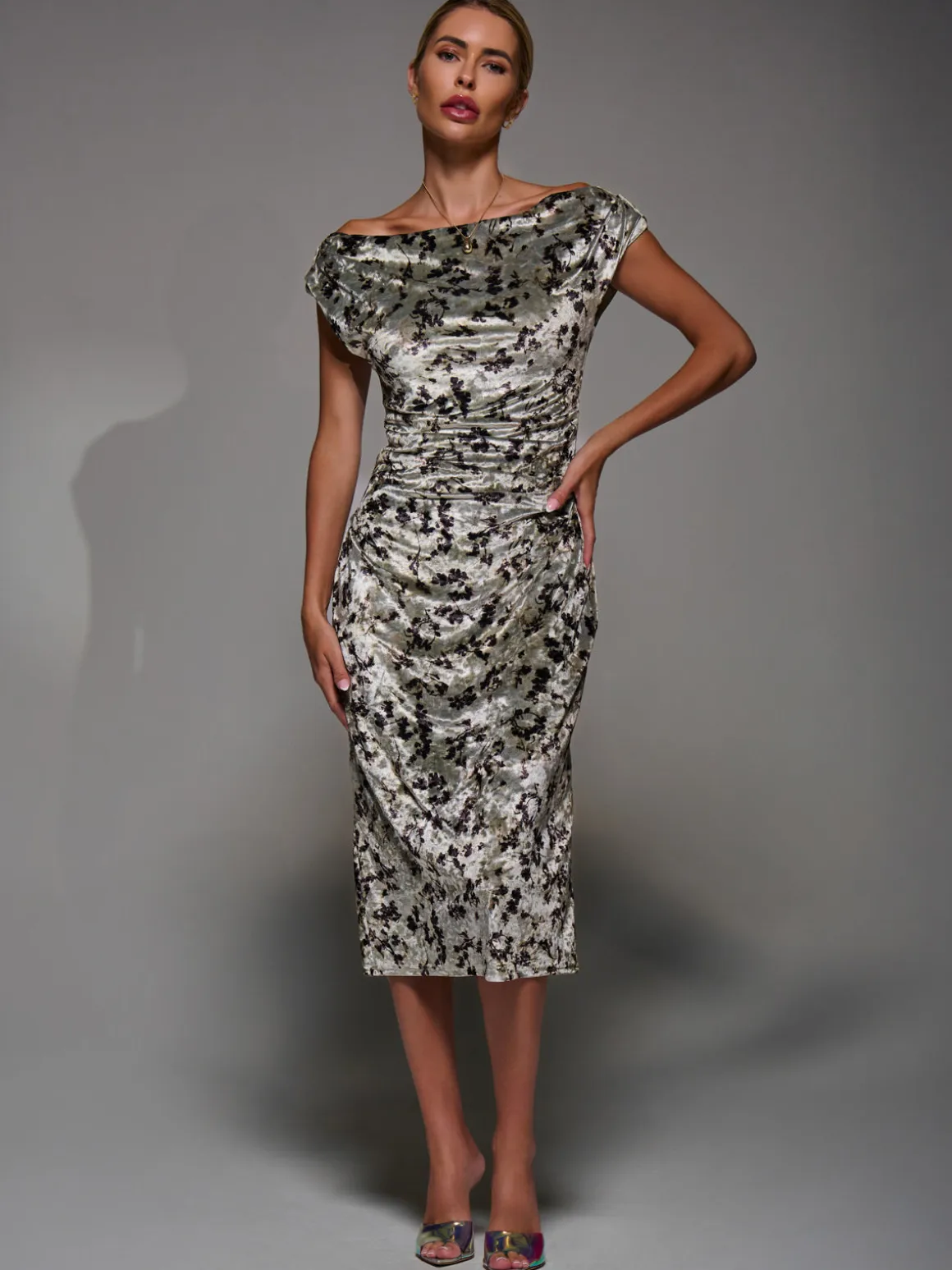 Velvet Print Ruched Bodycon Dress, Neutral Abstract