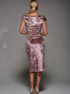 Velvet Print Ruched Bodycon Dress, Pink Polka