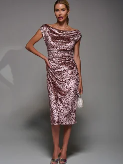Velvet Print Ruched Bodycon Dress, Pink Polka