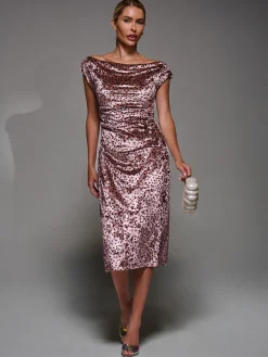 Velvet Print Ruched Bodycon Dress, Pink Polka
