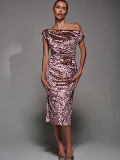 Velvet Print Ruched Bodycon Dress, Pink Polka