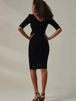 Velvet Side Tie Midi Dress, Black