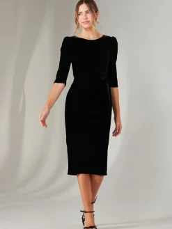 Velvet Side Tie Midi Dress, Black