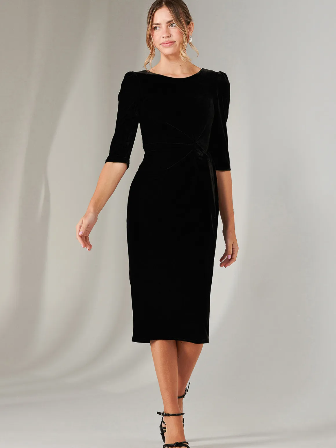 Velvet Side Tie Midi Dress, Black