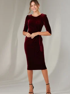 Velvet Side Tie Midi Dress, Burgundy