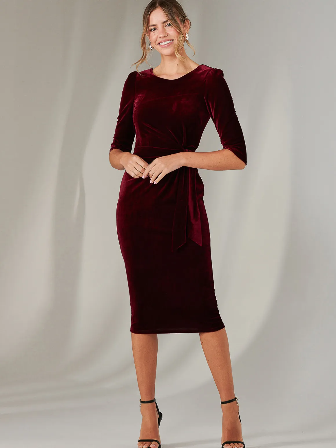 Velvet Side Tie Midi Dress, Burgundy