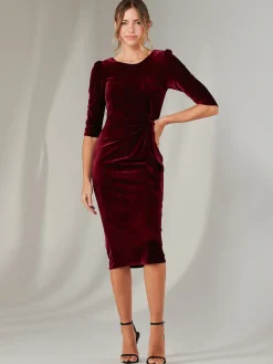 Velvet Side Tie Midi Dress, Burgundy