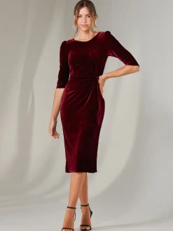 Velvet Side Tie Midi Dress, Burgundy