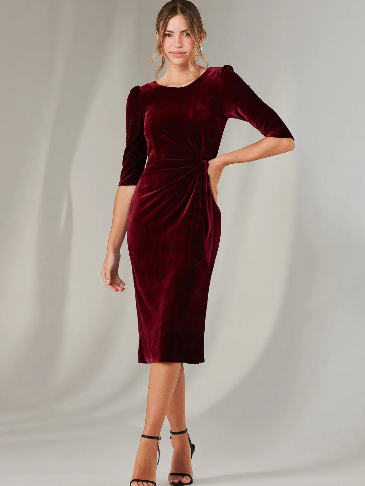 Velvet Side Tie Midi Dress, Burgundy