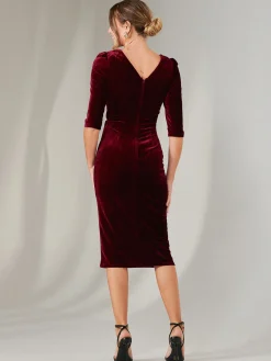 Velvet Side Tie Midi Dress, Burgundy