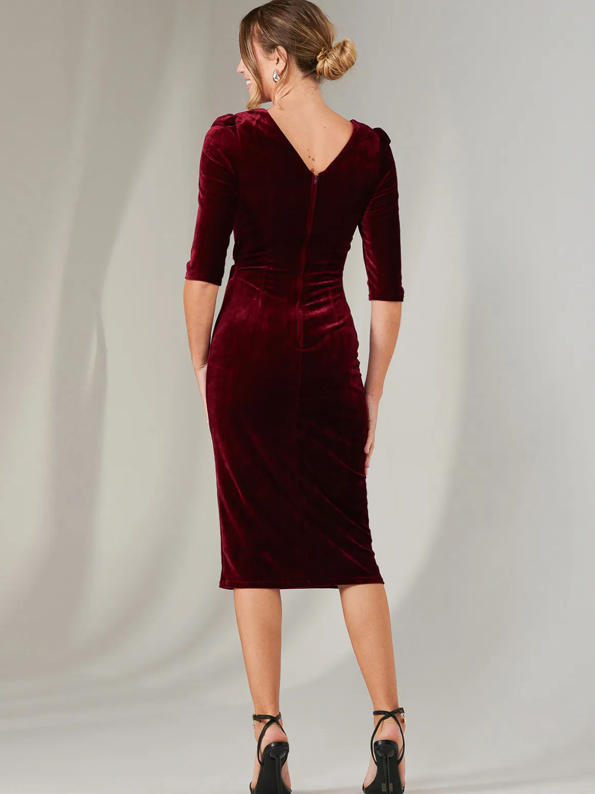 Velvet Side Tie Midi Dress, Burgundy