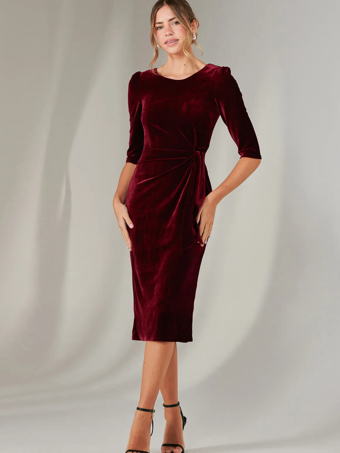 Velvet Side Tie Midi Dress, Burgundy