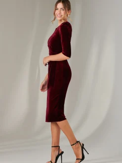 Velvet Side Tie Midi Dress, Burgundy