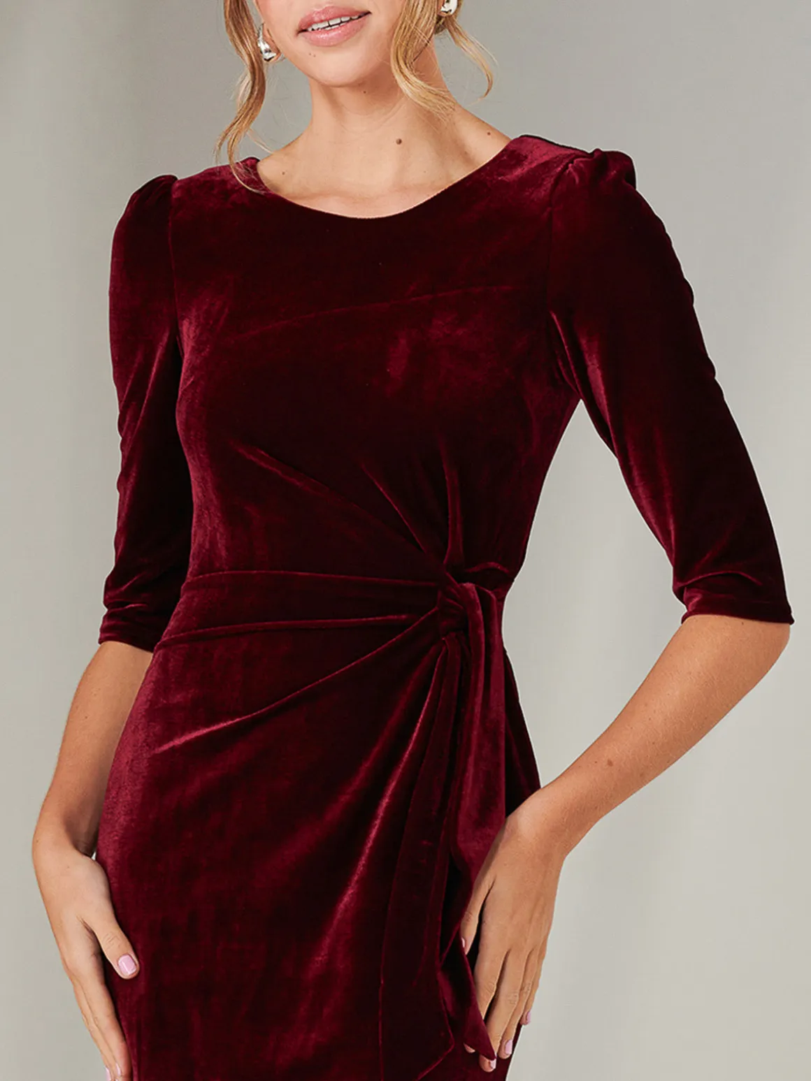 Velvet Side Tie Midi Dress, Burgundy