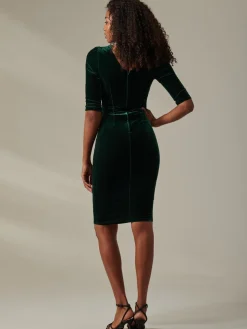 Velvet Side Tie Midi Dress, Dark Green