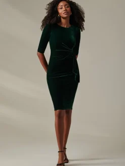 Velvet Side Tie Midi Dress, Dark Green