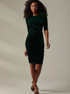 Velvet Side Tie Midi Dress, Dark Green