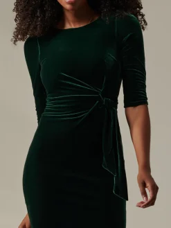 Velvet Side Tie Midi Dress, Dark Green