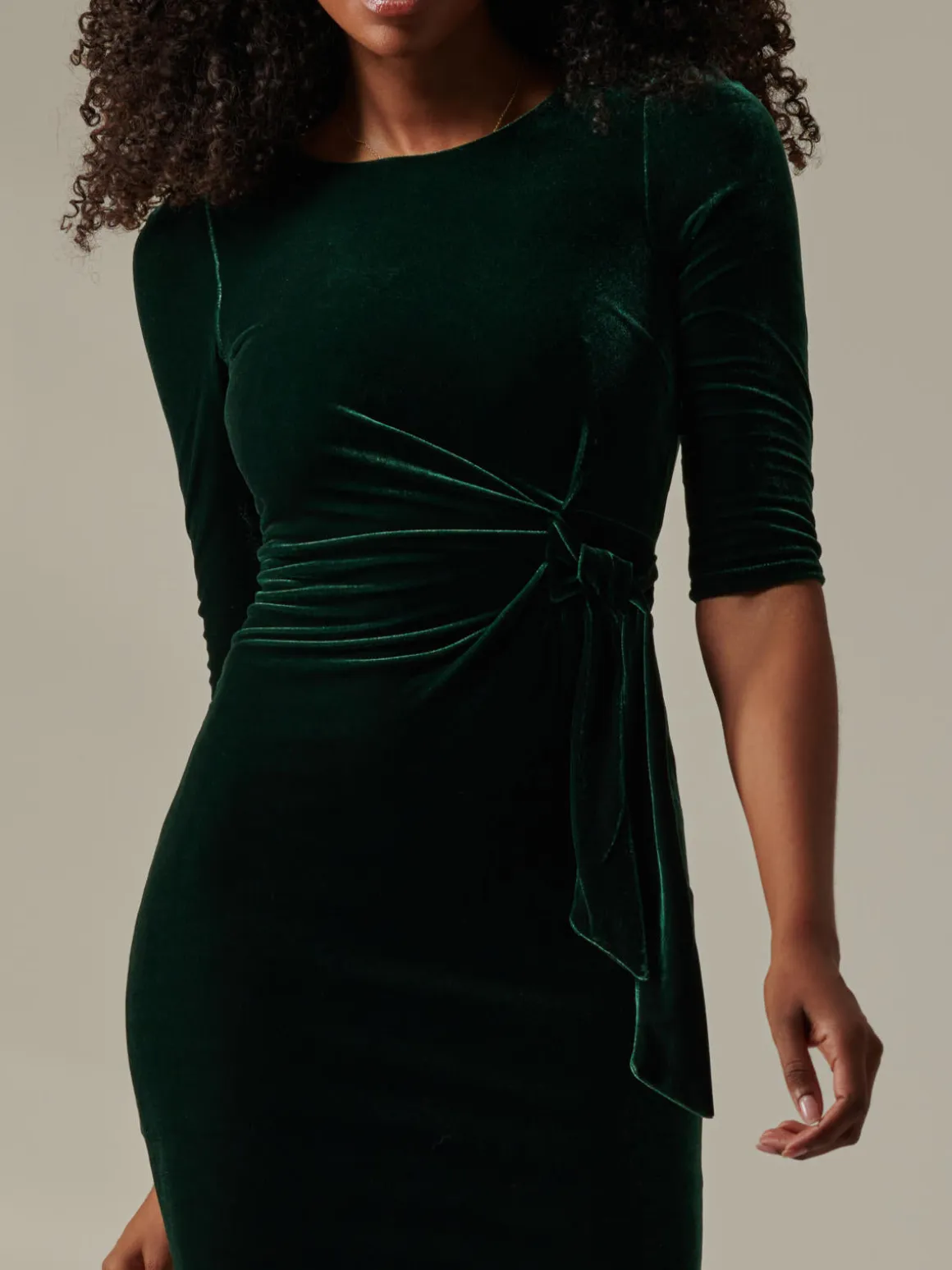 Velvet Side Tie Midi Dress, Dark Green