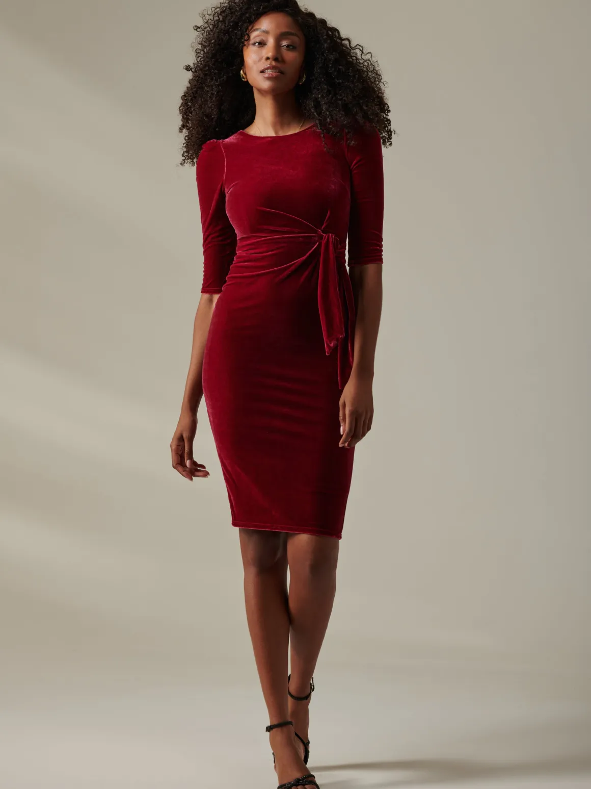 Velvet Side Tie Midi Dress, Wine