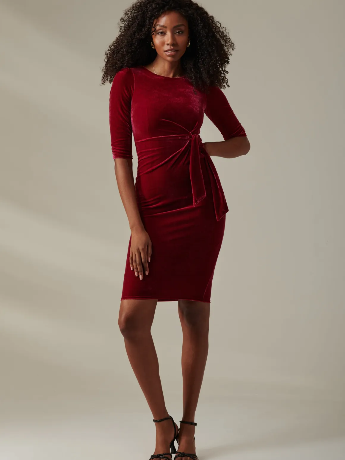 Velvet Side Tie Midi Dress, Wine