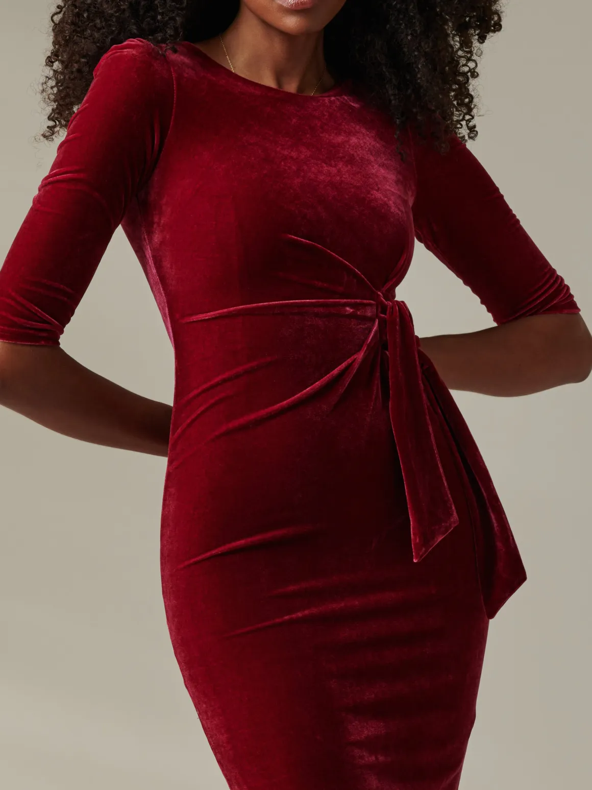 Velvet Side Tie Midi Dress, Wine