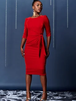Velvet Tie Detail Bodycon Dress, Red