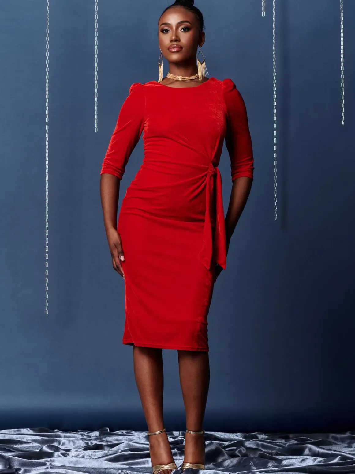Velvet Tie Detail Bodycon Dress, Red