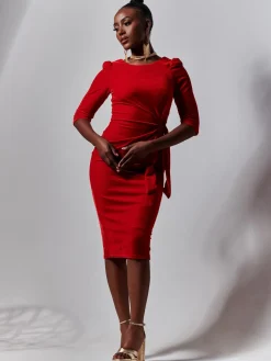 Velvet Tie Detail Bodycon Dress, Red