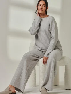 Vertical Line Knit Flared Pants, Dove Heather