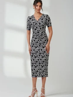 V Neck Bodycon Midi Dress, Black Geo