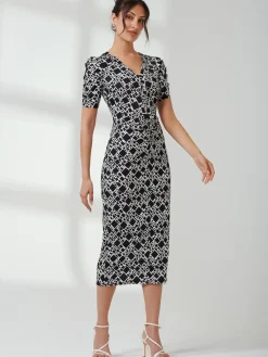 V Neck Bodycon Midi Dress, Black Geo